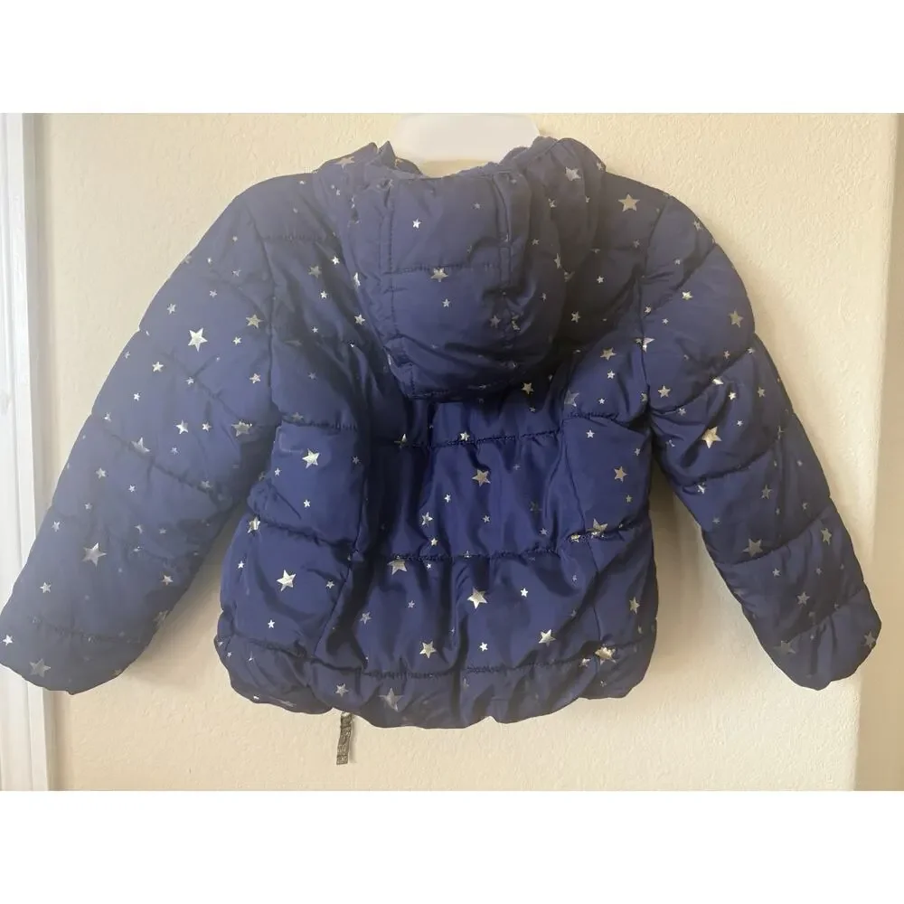 Old Navy Blue Gold Star Frost Free Hooded Girls’ Puffer Jacket Size S 6-7